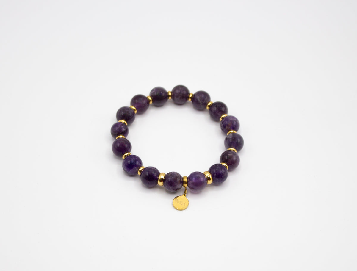 Pulsera elástica de Piedra natural Amatista y separadores de acero inoxidable color oro