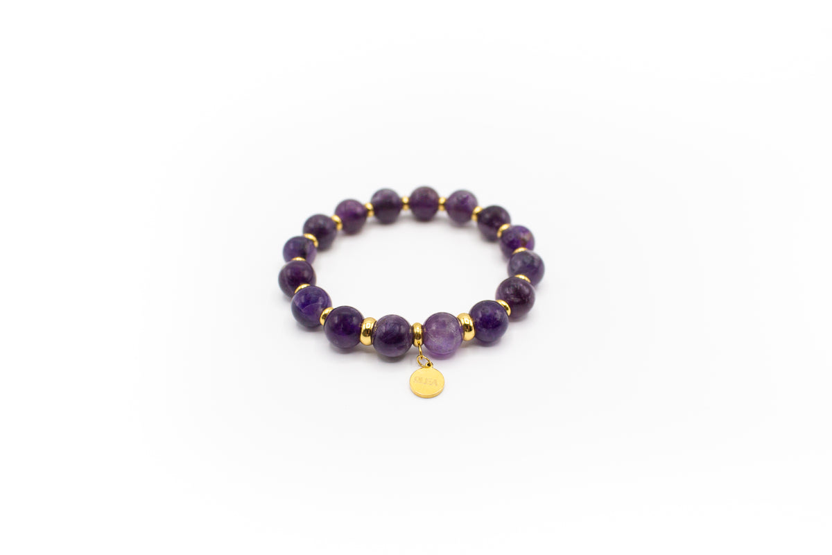 pulsera de acero inoxidable y piedra natural amatista