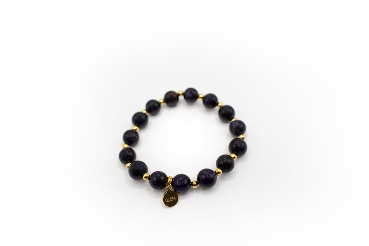 Bracelet en pierre naturelle d'aventurine bleue avec entretoises en acier inoxydable couleur or