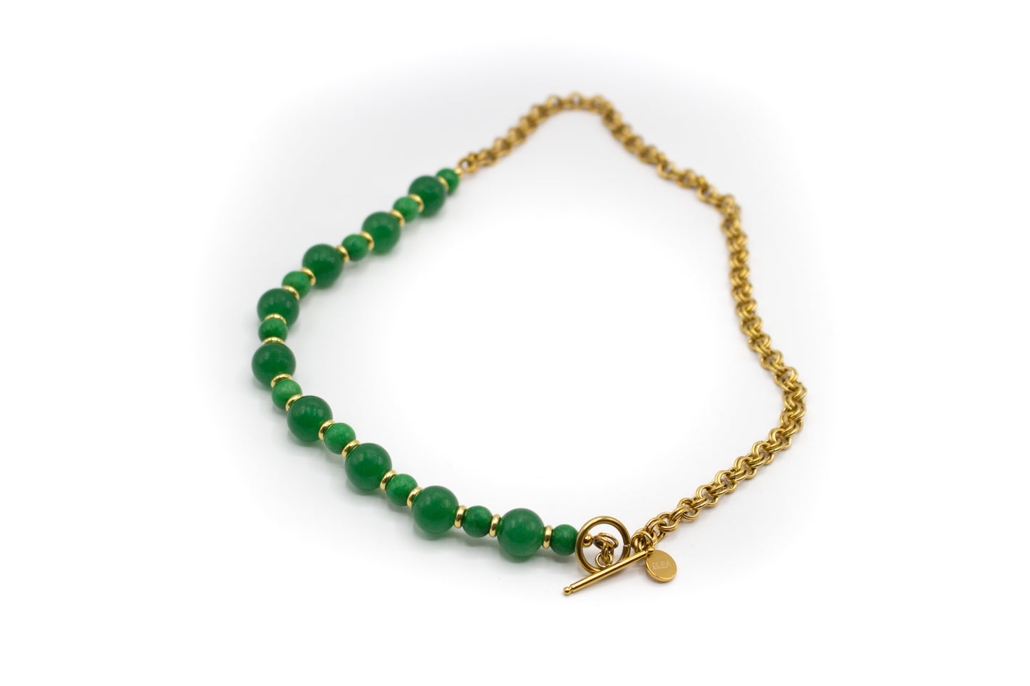 Collar piedra natural jade con separadores y mitad cadena Acero color oro