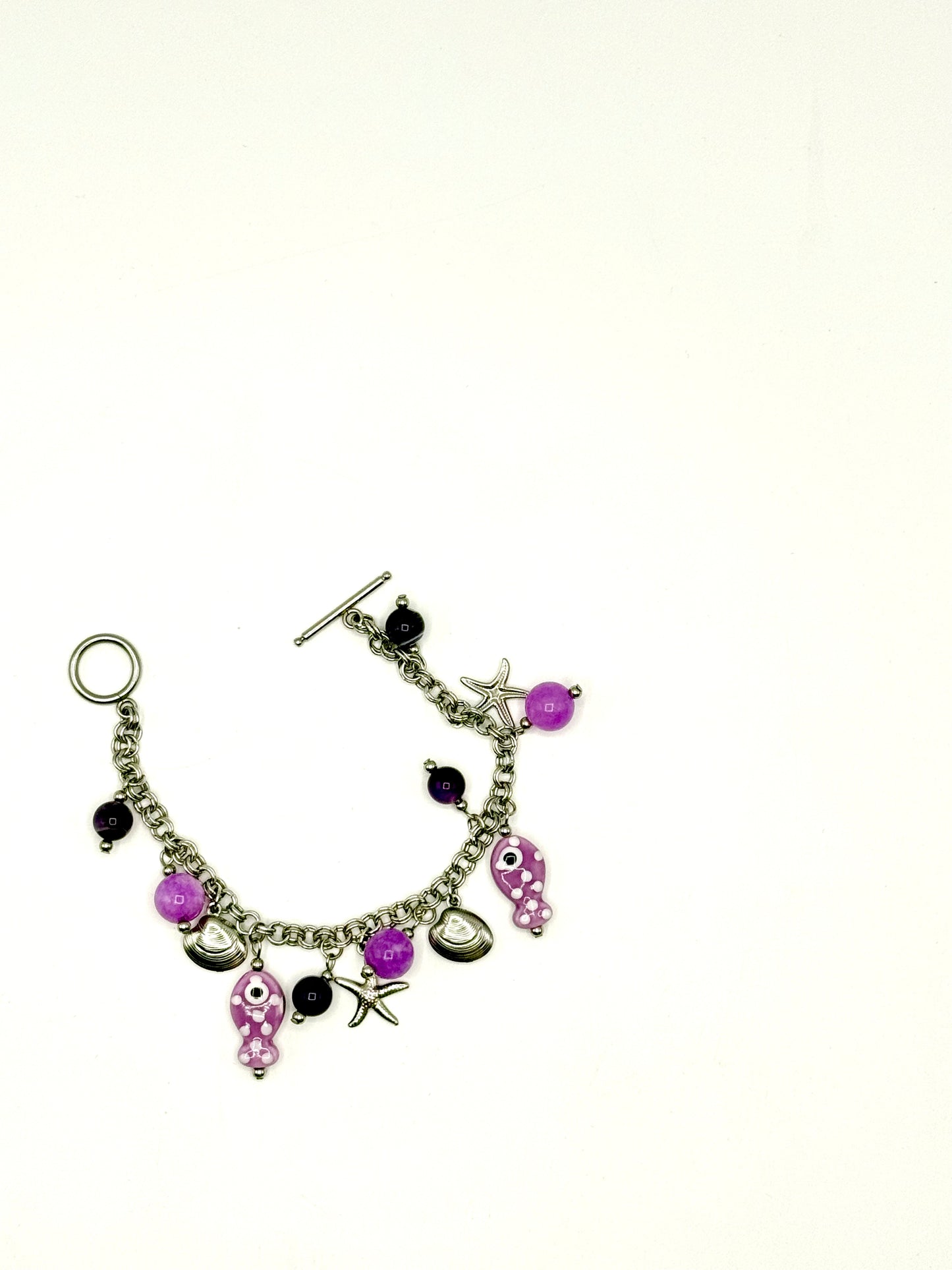 pulsera peces violeta de ceramica, ágata violeta, amatista y acero inoxidable