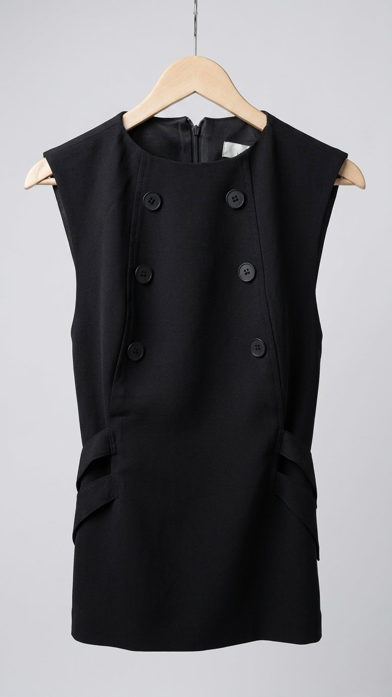 chaleco negro con bandas que se agarran detrás y botones delanteros