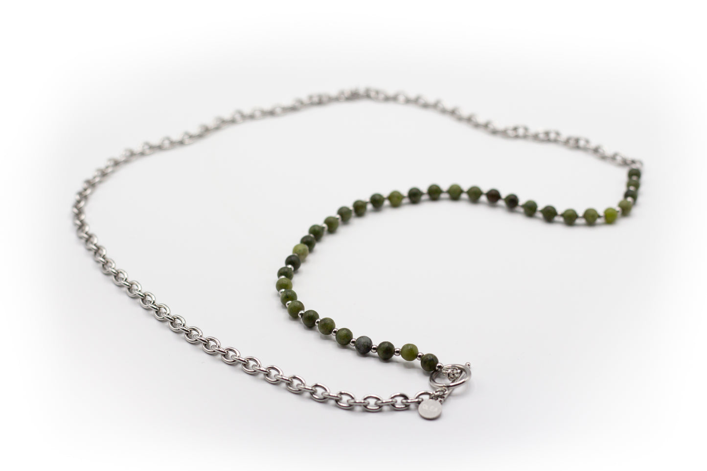 Collar Extra Largo de Acero Inoxidable Color Plata y Piedra Natural Jaspe Verde