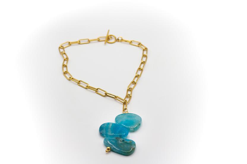 Mittlere goldfarbene Edelstahlkette mit 3 natürlichen blauen Achatsteinen