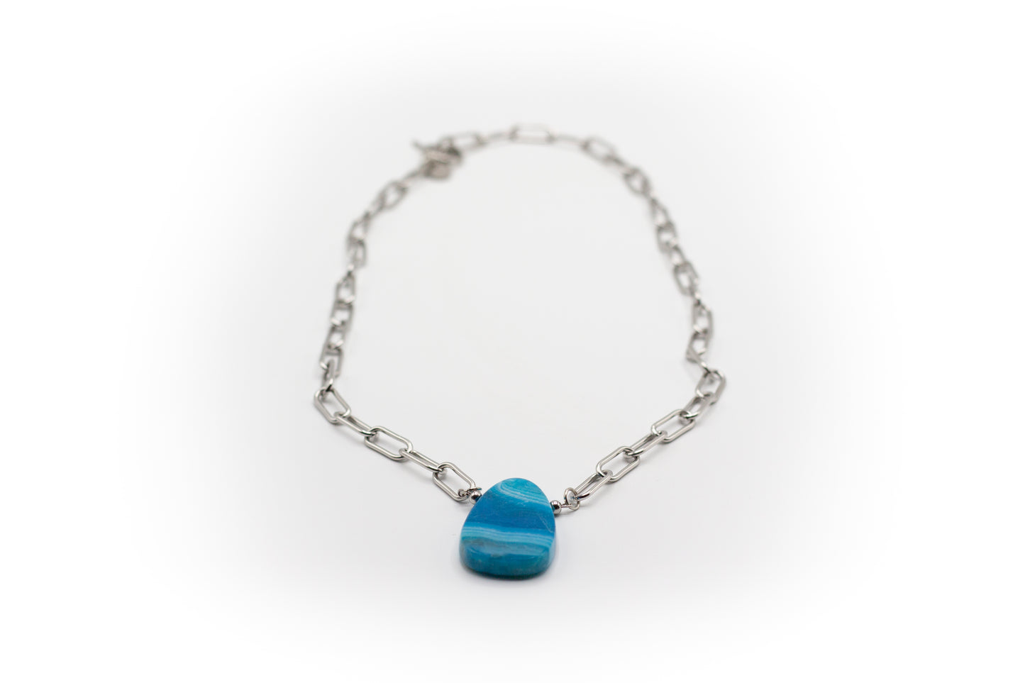 Collar Mediano Acero Inoxidable Color Plata y Piedra Natural Ágata Azul
