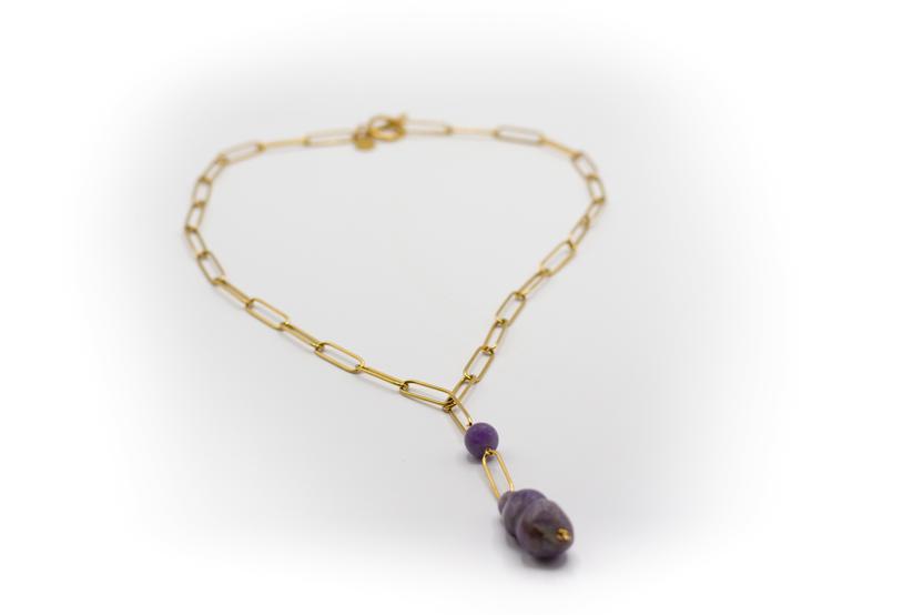 Collar Mediano Acero Inoxidable Color Oro y Piedra Natural Amatista