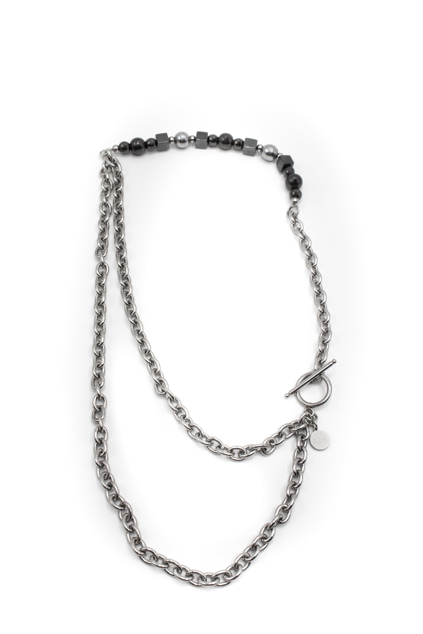 Collar Mediano Acero Inoxidable Color Plata y Piedra Natural Hematites