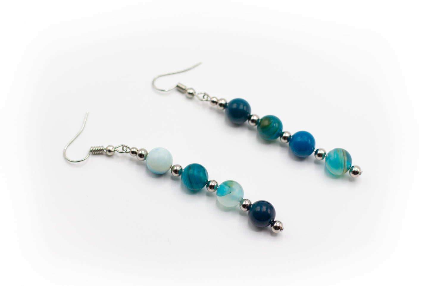 pendientes largos gancho de acero inoxidable color plata con piedra natural ágata azul