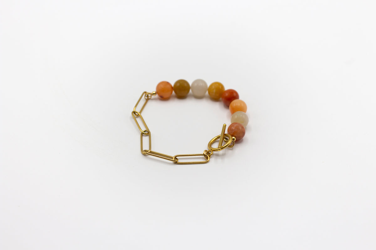 pulsera de piedra natural Ágata naranja y mitad cadena de acero inoxidable color oro