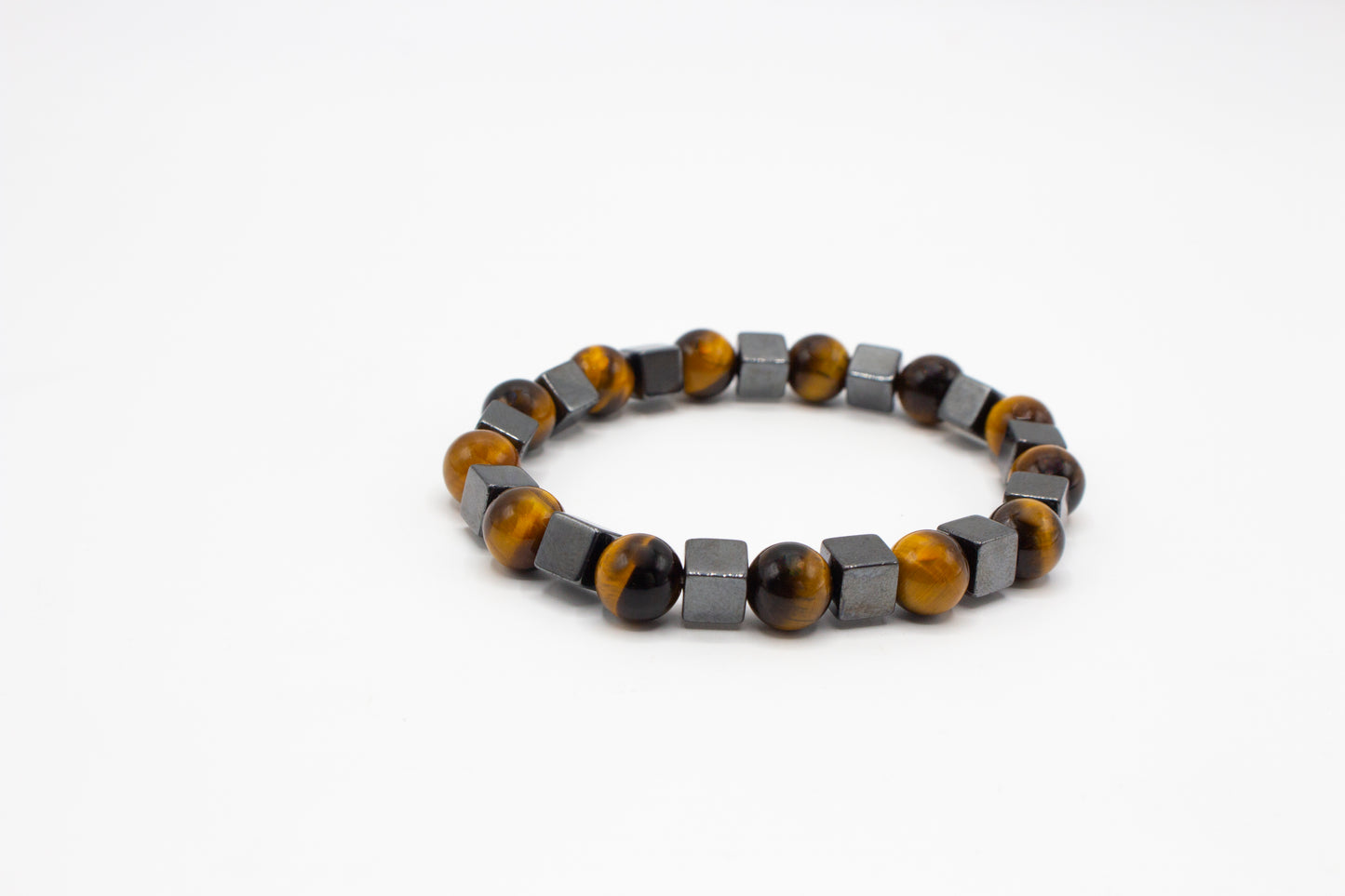pulsera elástica piedra natural ojo de tigre redondas y hematites cuadradas