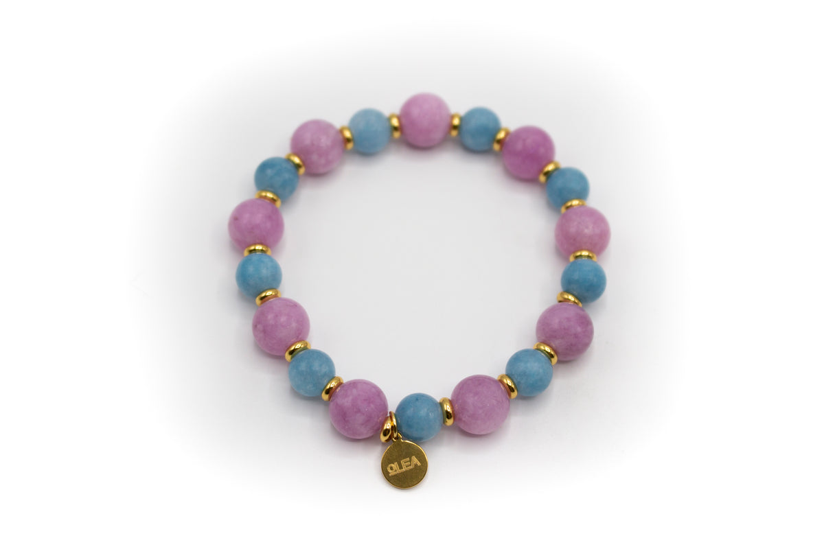 Bracelet élastique en pierres naturelles de calcédoine et d'angélite avec séparateurs en acier inoxydable couleur or