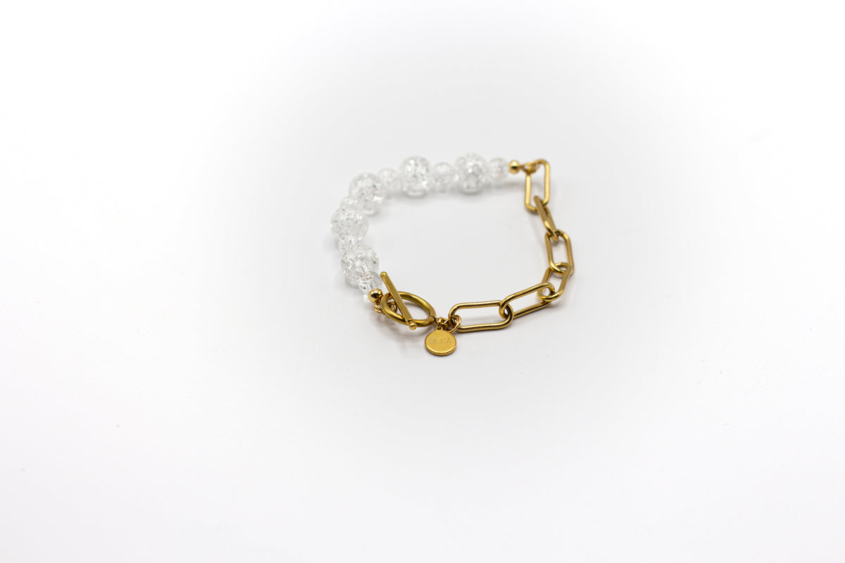 Bracelet en pierre de quartz blanc craquelé naturel et demi-chaîne en acier inoxydable couleur or