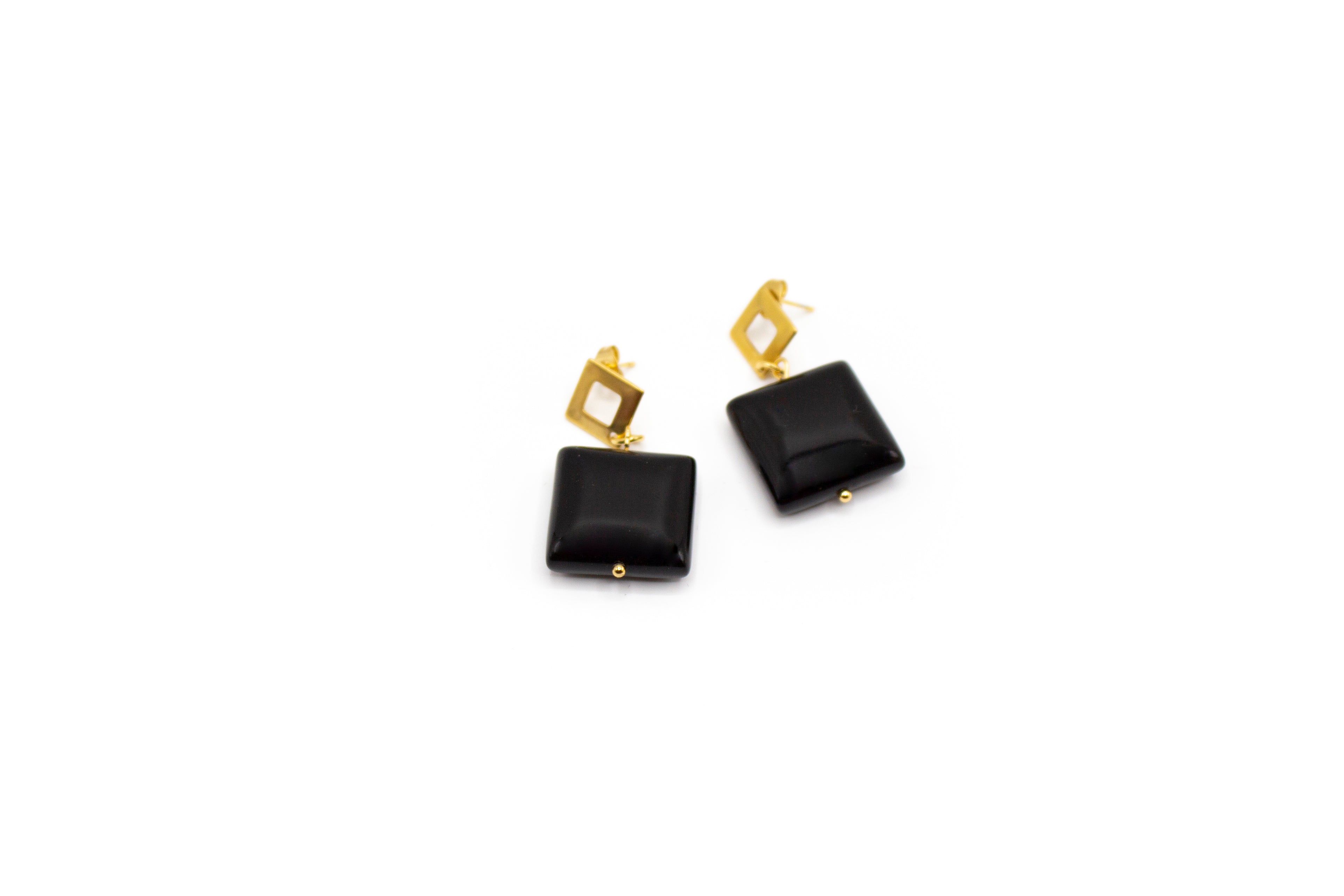 pendientes de rombo acero inoxidable color oro con piedra natural cuadrada de turmalina negra