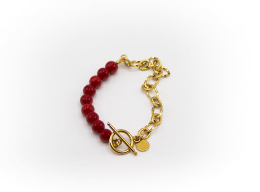 Bracelet imitation corail rouge (petit) et demi-chaîne en acier inoxydable couleur or