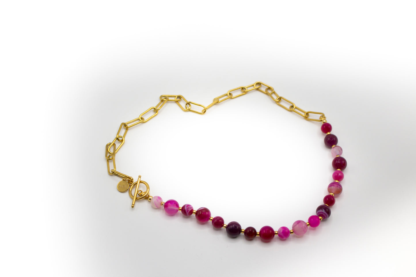 Collar Ágata Rosa y acero inoxidable color oro con separadores