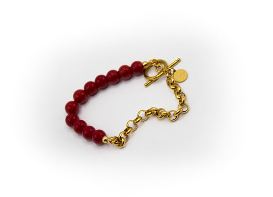 Bracelet imitation corail rouge (petit) et demi-chaîne en acier inoxydable couleur or