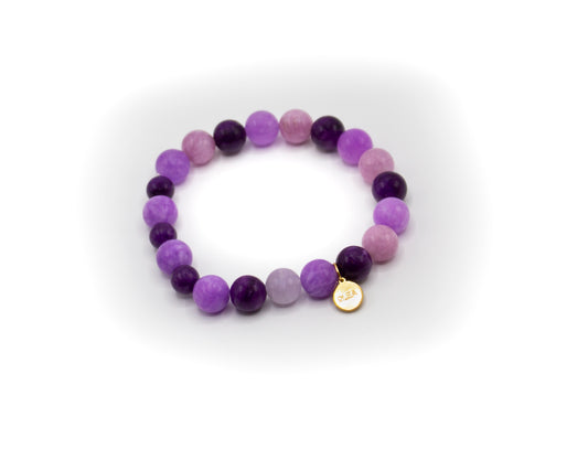 Pulsera elástica de piedras naturales varias, charoíta, calcedonia y morganita de berilo