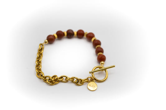 Bracelet en jaspe marron (petit) avec entretoises en forme de tonneau et demi-chaîne en acier inoxydable doré