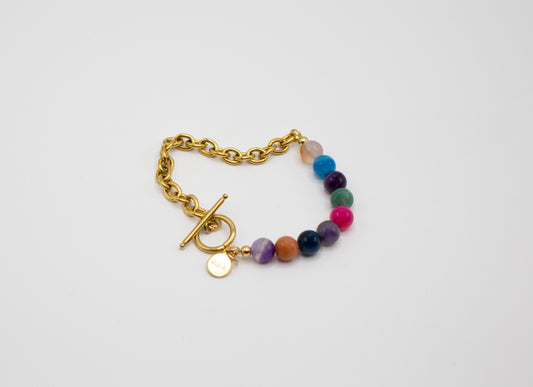 Bracelet en agate multicolore et demi-chaîne en acier inoxydable couleur or