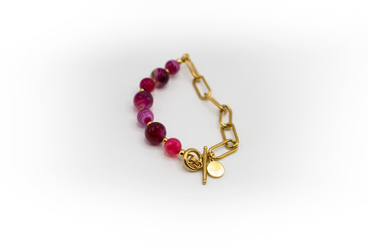 Bracelet en agate rose et demi-chaîne en acier inoxydable doré avec séparateurs