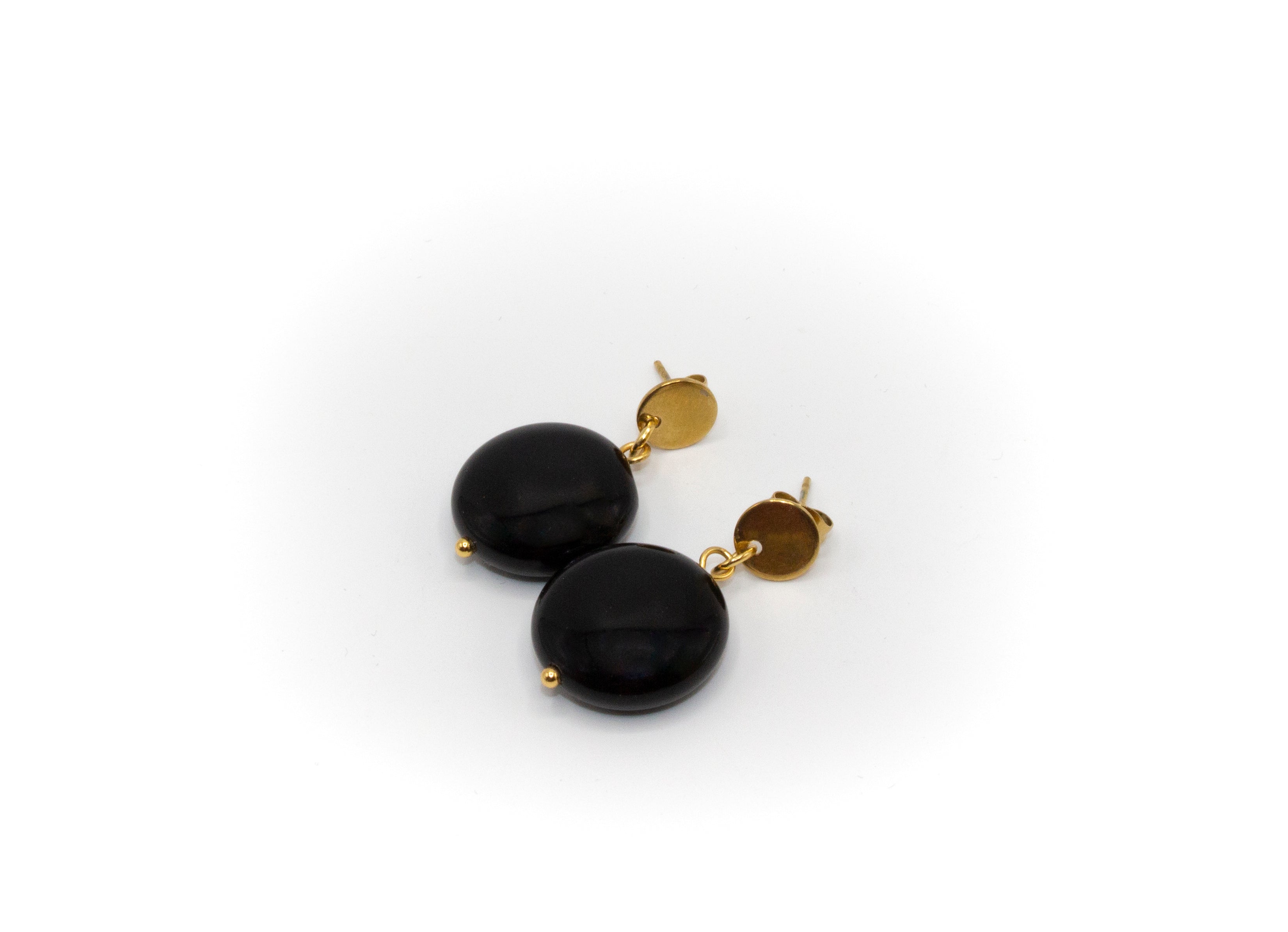 pendientes de círculo de acero inoxidable bañado en oro de 14K con piedra natural redonda de turmalina negra