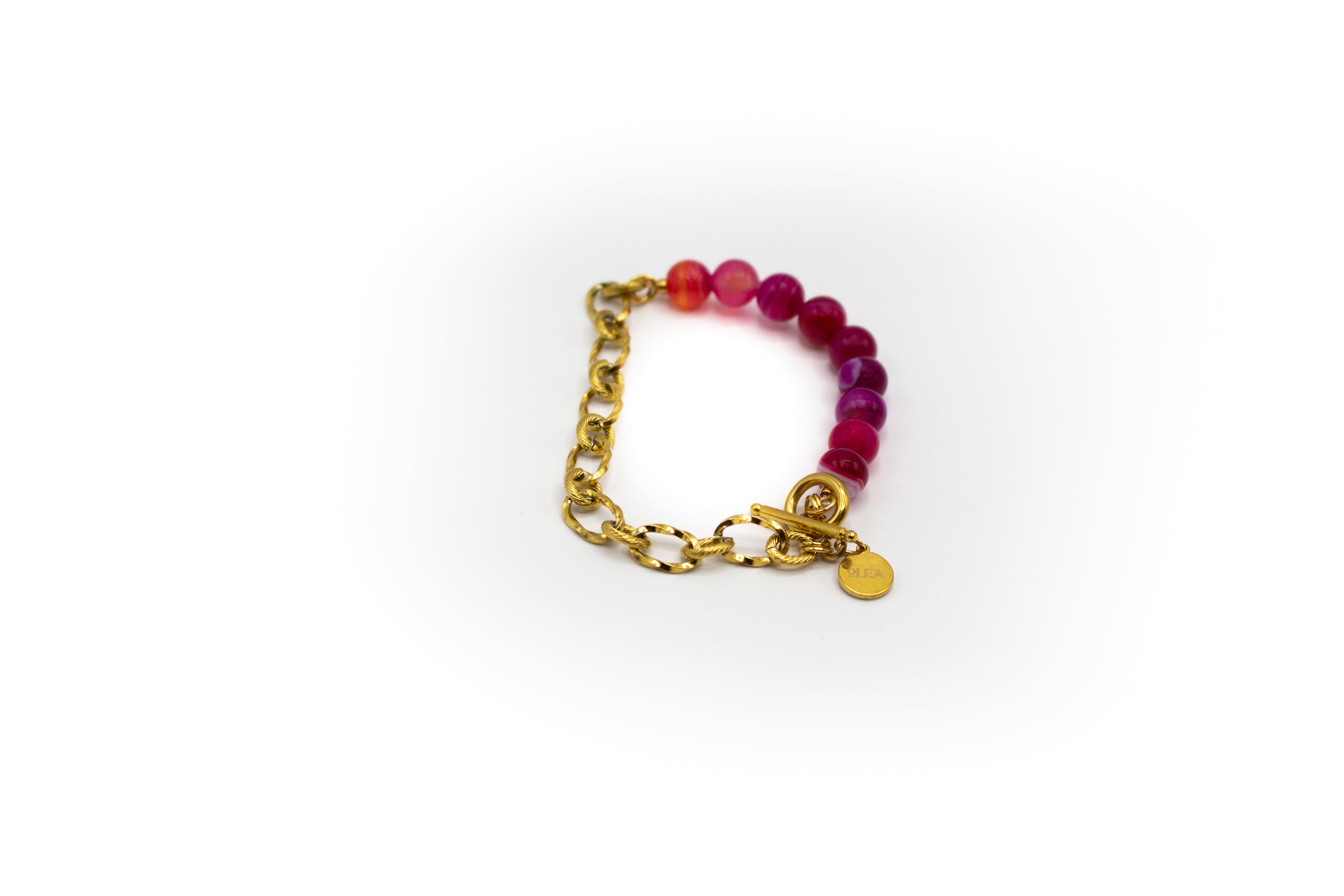 Pulsera de Ágata Rosa y mitad cadena acero inoxidable color oro
