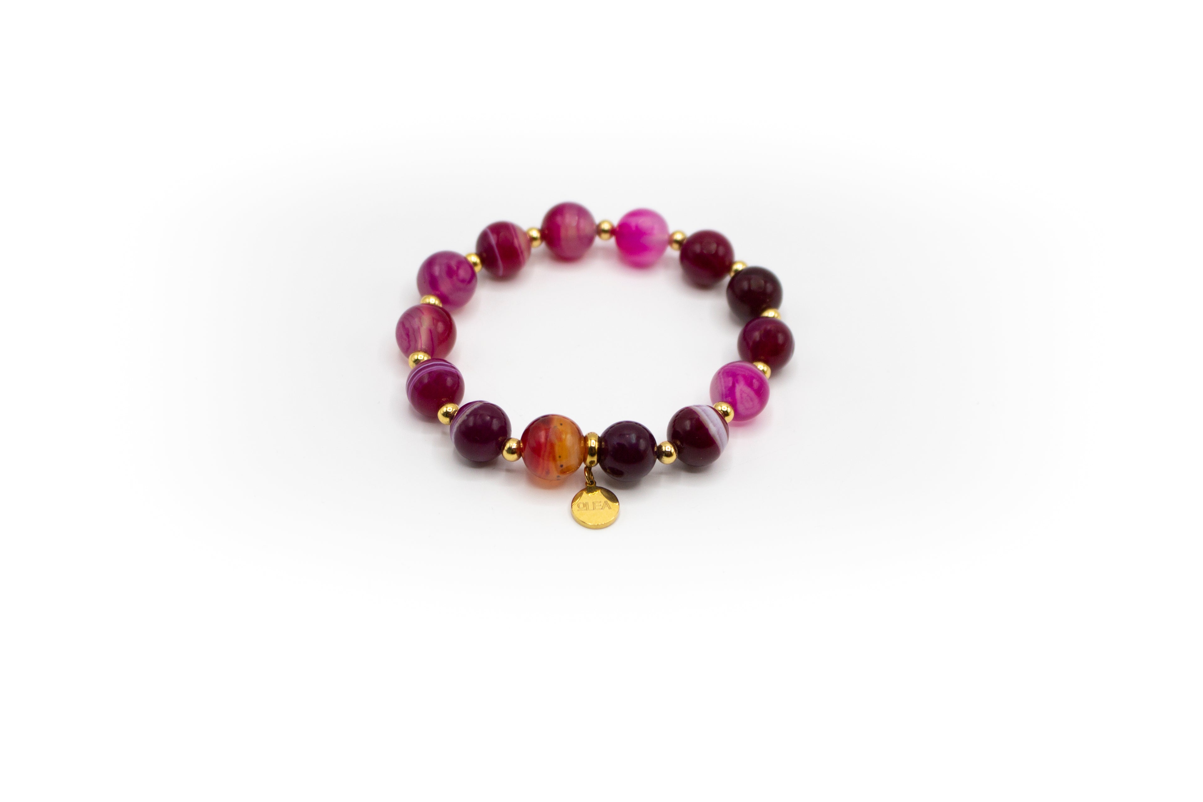 Pulsera elástica de Ágata Rosa con separadores de acero inoxidable color oro&nbsp;