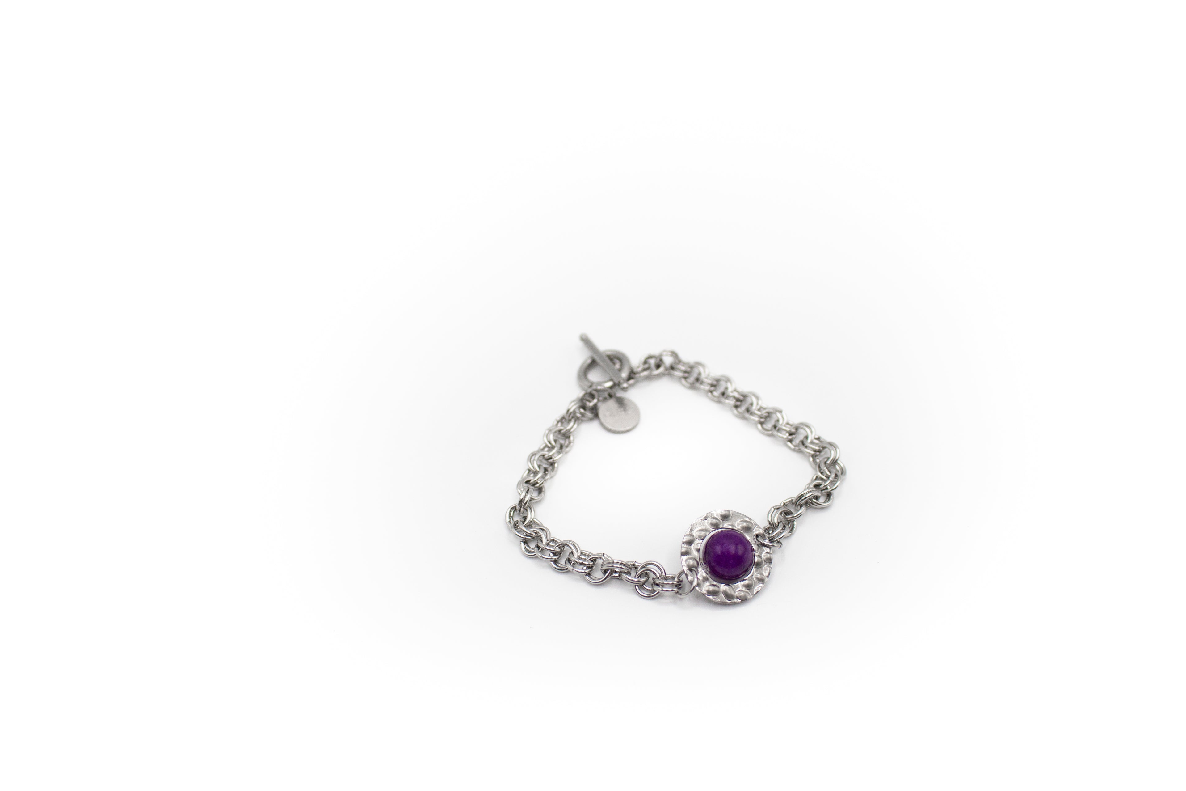 pulsera de acero inoxidable y piedra natural charoíta