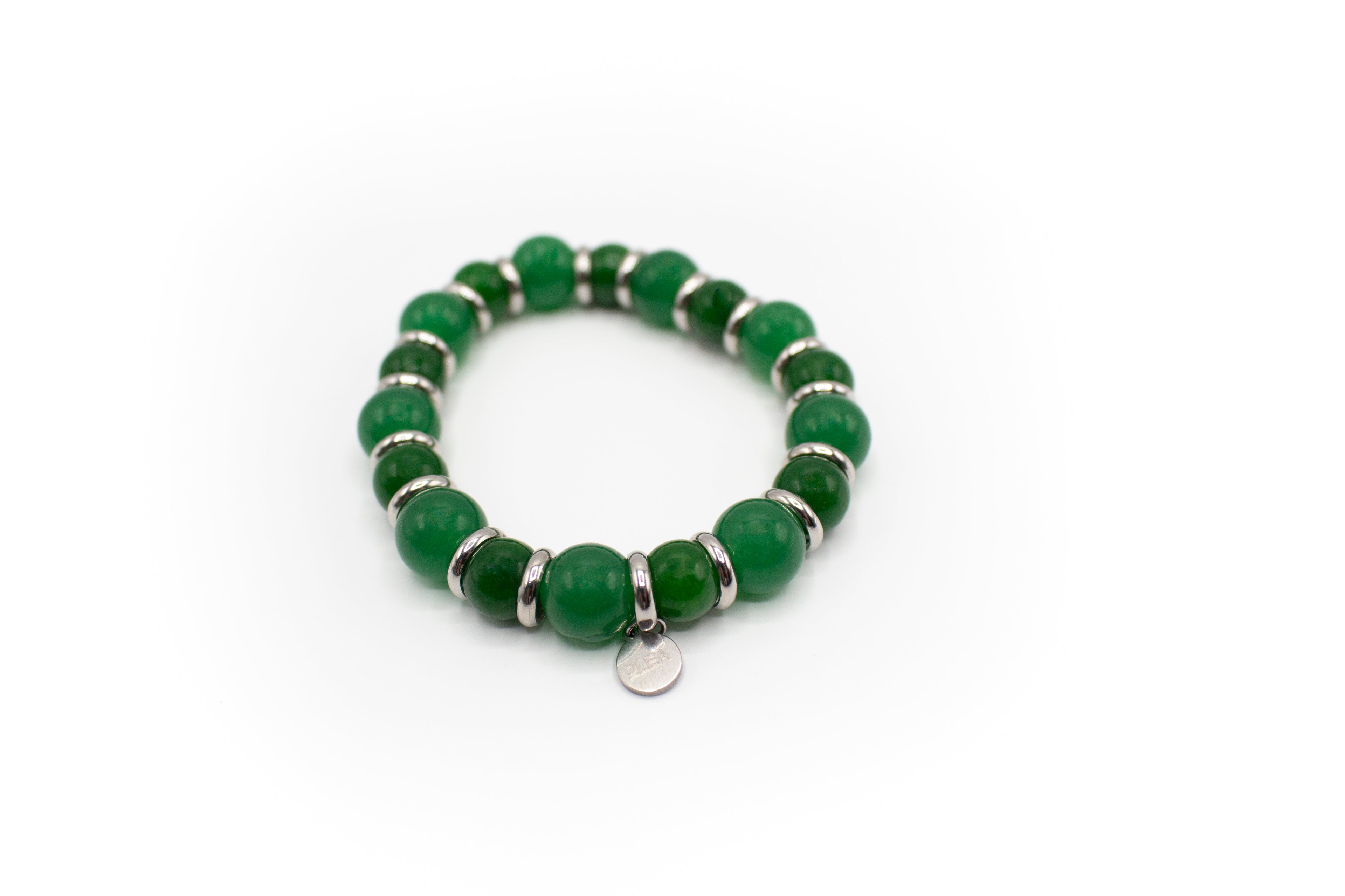 pulsera de piedra natural jade con separadores acero inoxidable color plata