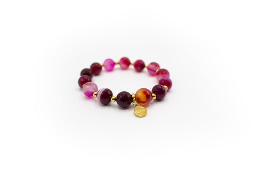 Bracelet en pierre naturelle d'agate rose avec entretoises en acier inoxydable couleur or