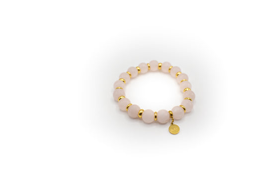 Bracelet en pierre de quartz rose naturelle avec séparateurs en acier inoxydable couleur or