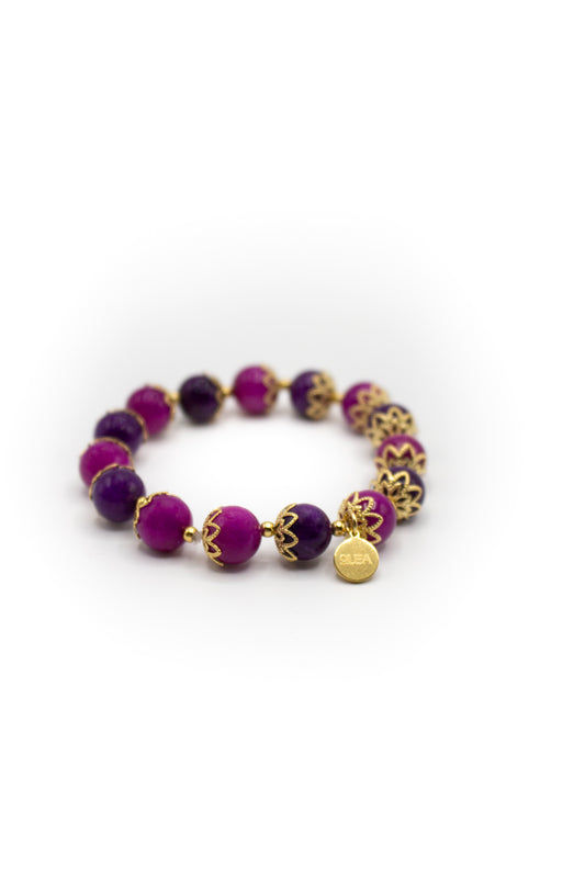 Bracelet en pierre naturelle en charoïte et kunzite avec séparateurs de fleurs en acier inoxydable couleur or