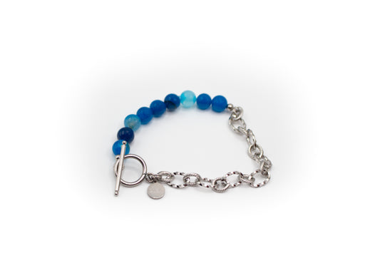 Bracelet en pierre naturelle d'agate bleue et demi-chaîne en acier inoxydable couleur argent
