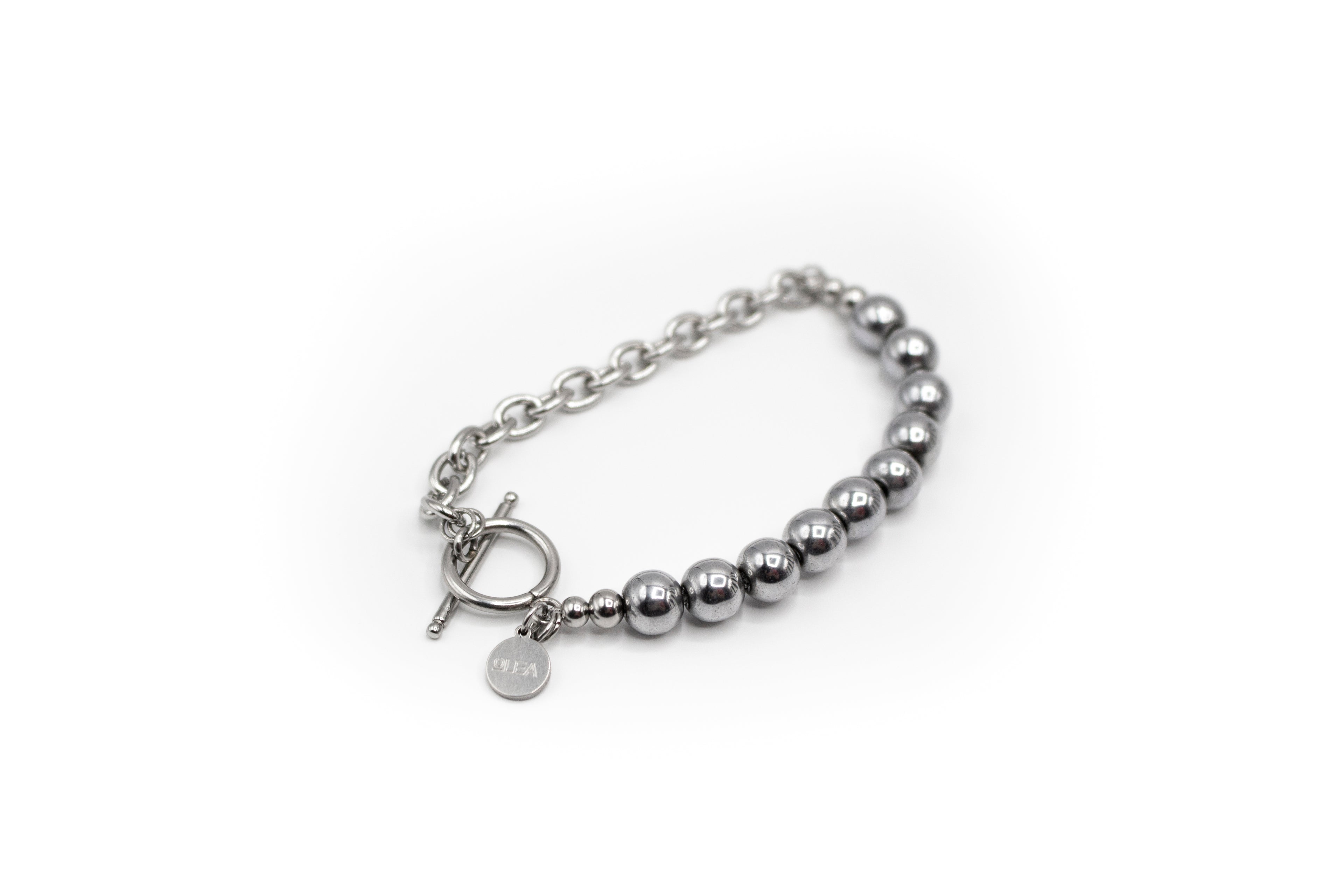 pulsera de piedra natural hematite y mitad cadena de acero inoxidable color plata