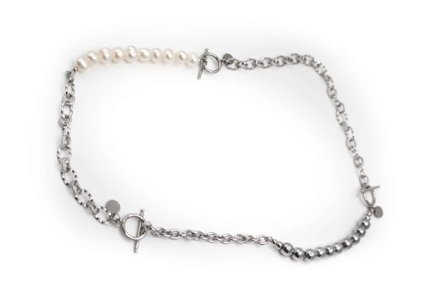 Halskette aus 3 Armbändern aus silberfarbenem Edelstahl und Naturperle mit natürlichem Hämatitstein