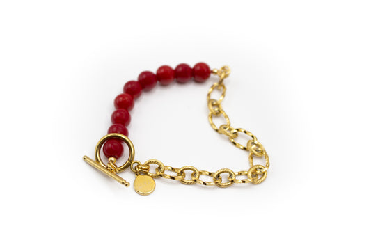 Bracelet imitation corail rouge et demi-chaîne en acier inoxydable couleur or