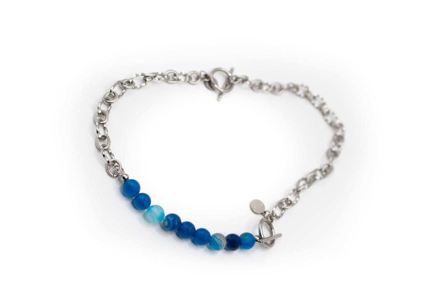 Halskette mit 2 silberfarbenen Edelstahl- und blauen Achatarmbändern