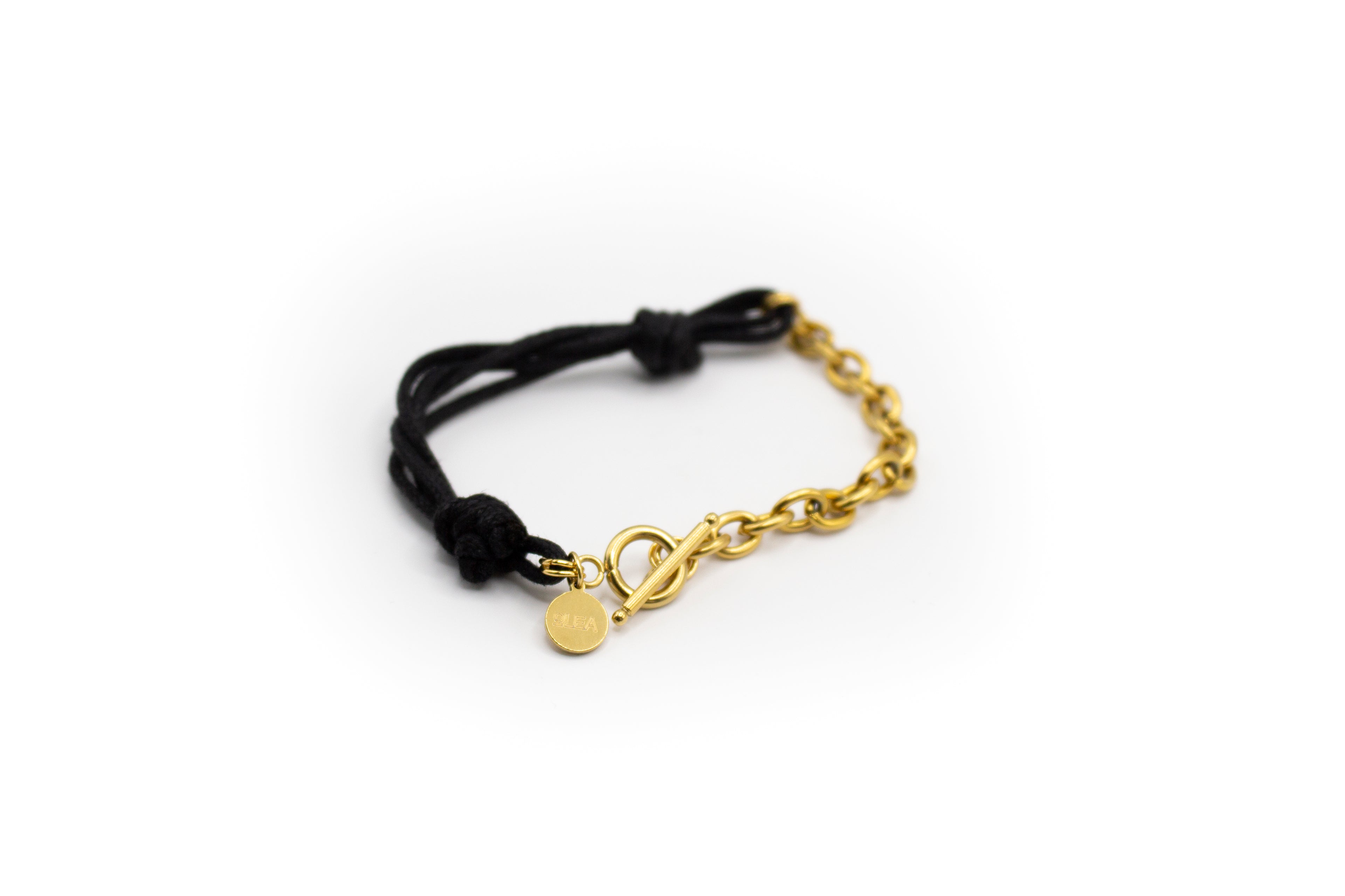 pulsera mitad cordón negro y mitad cadena de acero inoxidable color oro