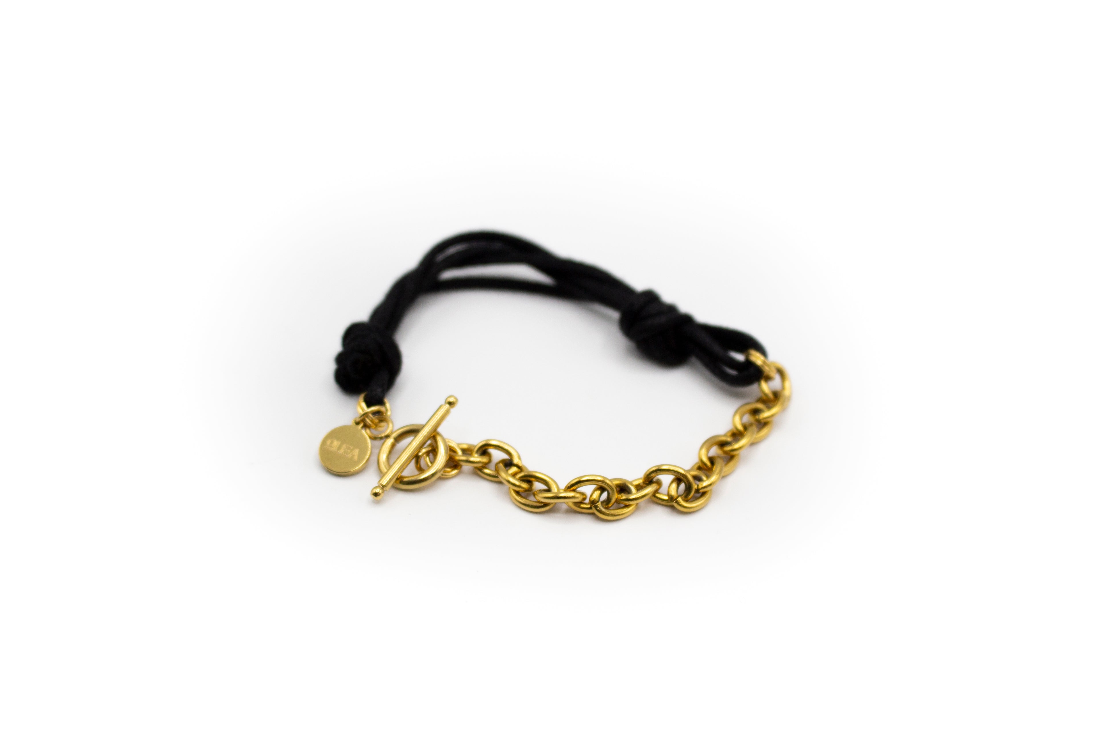 pulsera mitad cordón negro y mitad cadena de acero inoxidable color oro