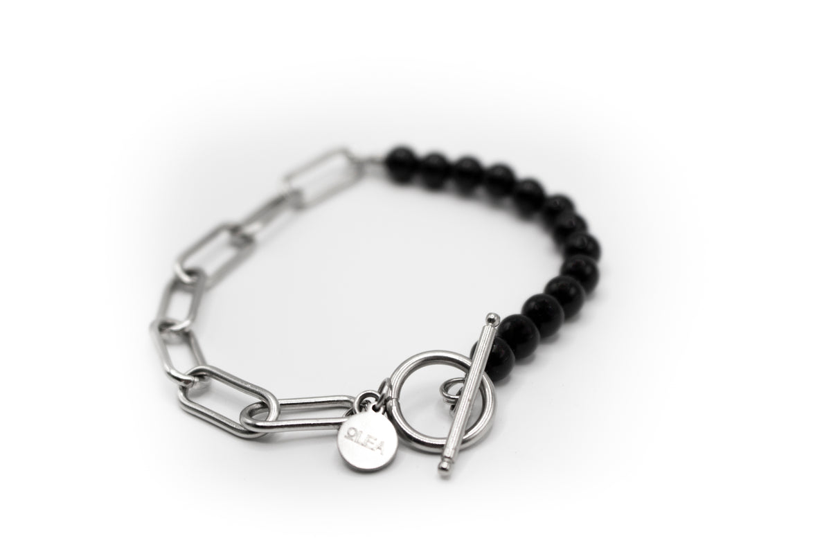 pulsera de piedra natural ónix (bolas pequeñas) y mitad cadena de acero inoxidable color plata