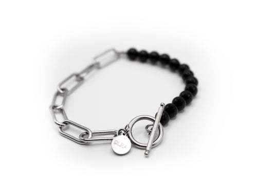Bracelet en pierre naturelle onyx (petites perles) et chaîne en acier inoxydable couleur argent