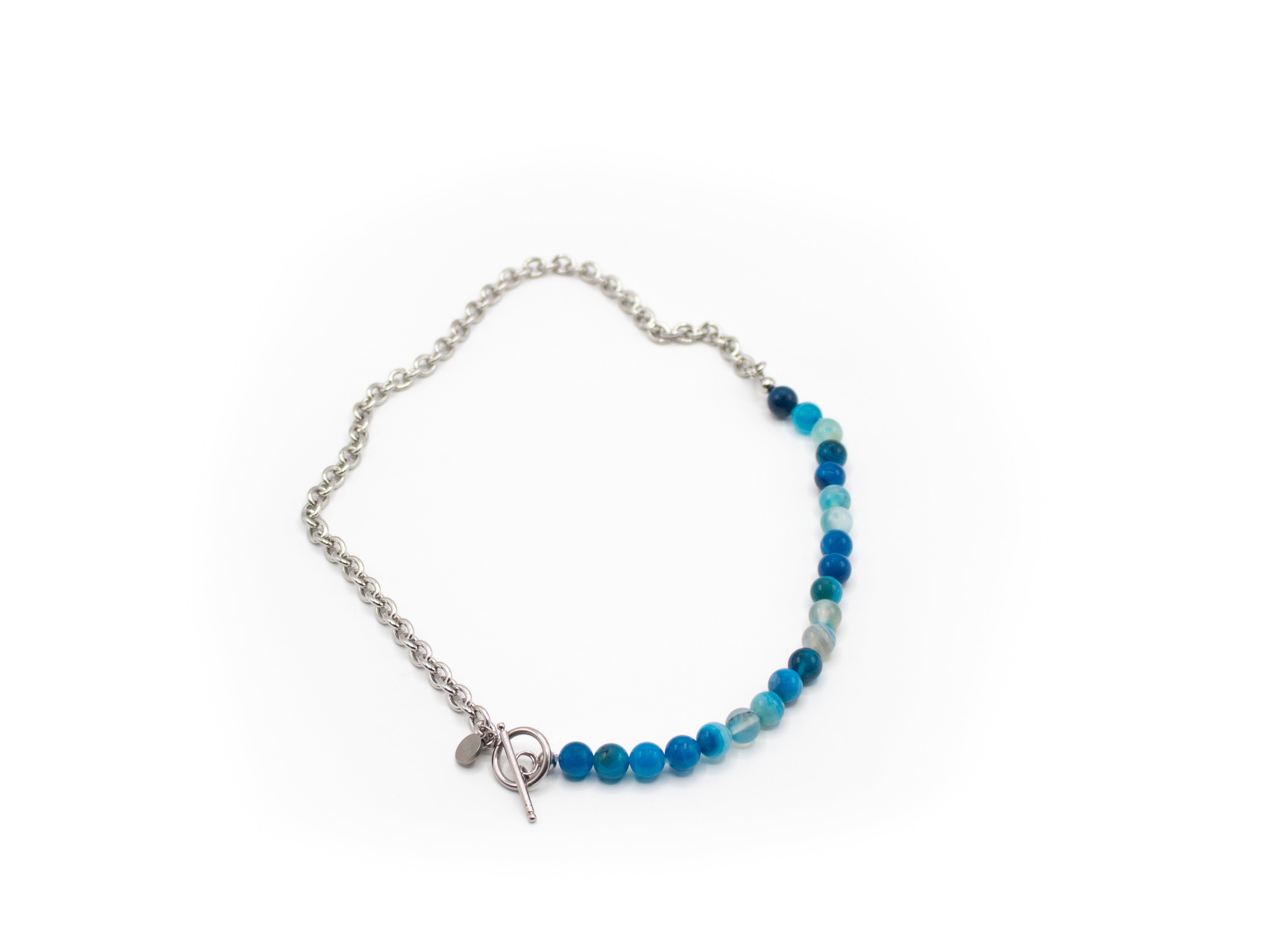 collar de piedra natural ágata azul y mitad cadena de acero inoxidable color plata