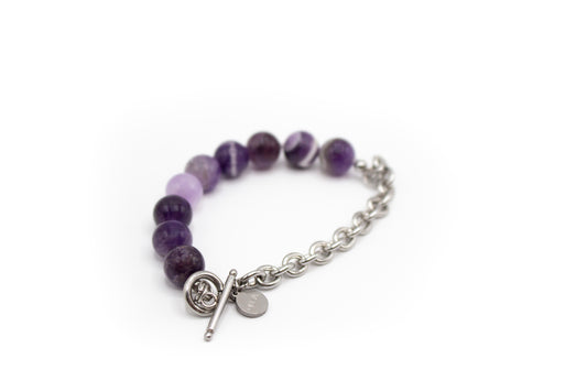bracelet en pierre naturelle améthyste et moitié chaîne en acier inoxydable couleur argent