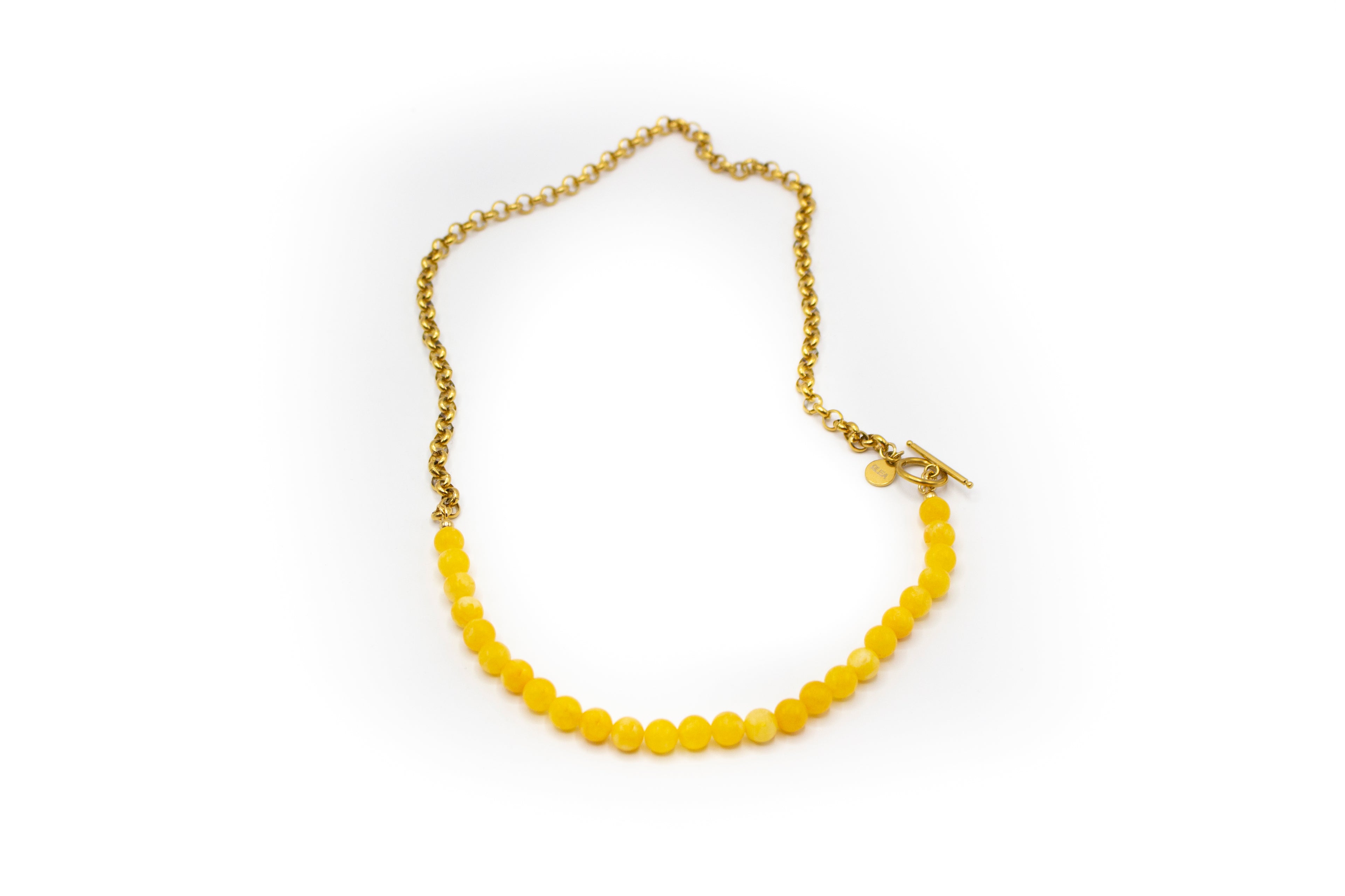 Collar mitad cadena acero inoxidable bañado en oro de 14K con piedra natural ágata amarilla