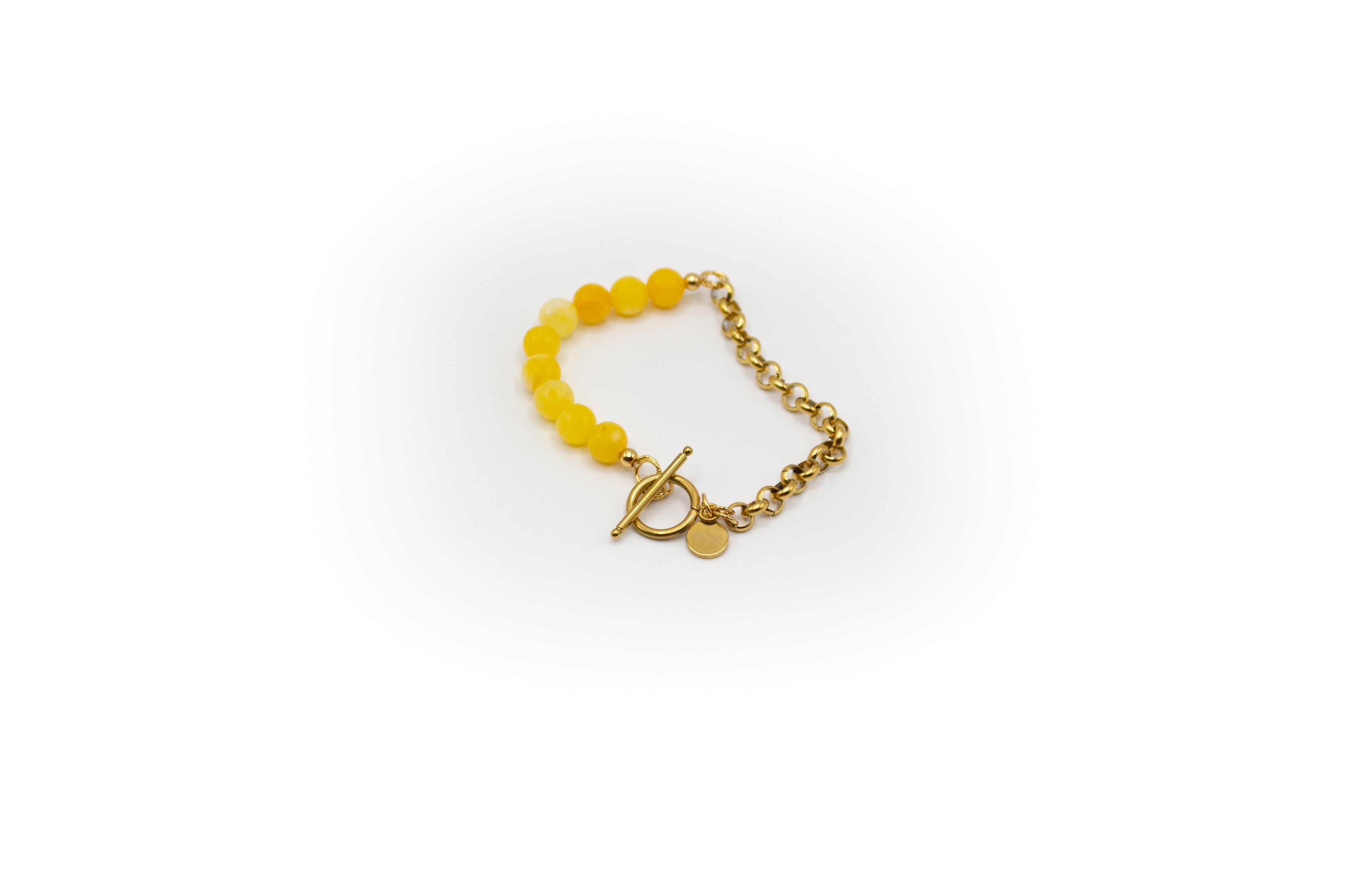 pulsera mitad cadena acero inoxidable bañado en oro de 14K con piedra natural ágata amarilla