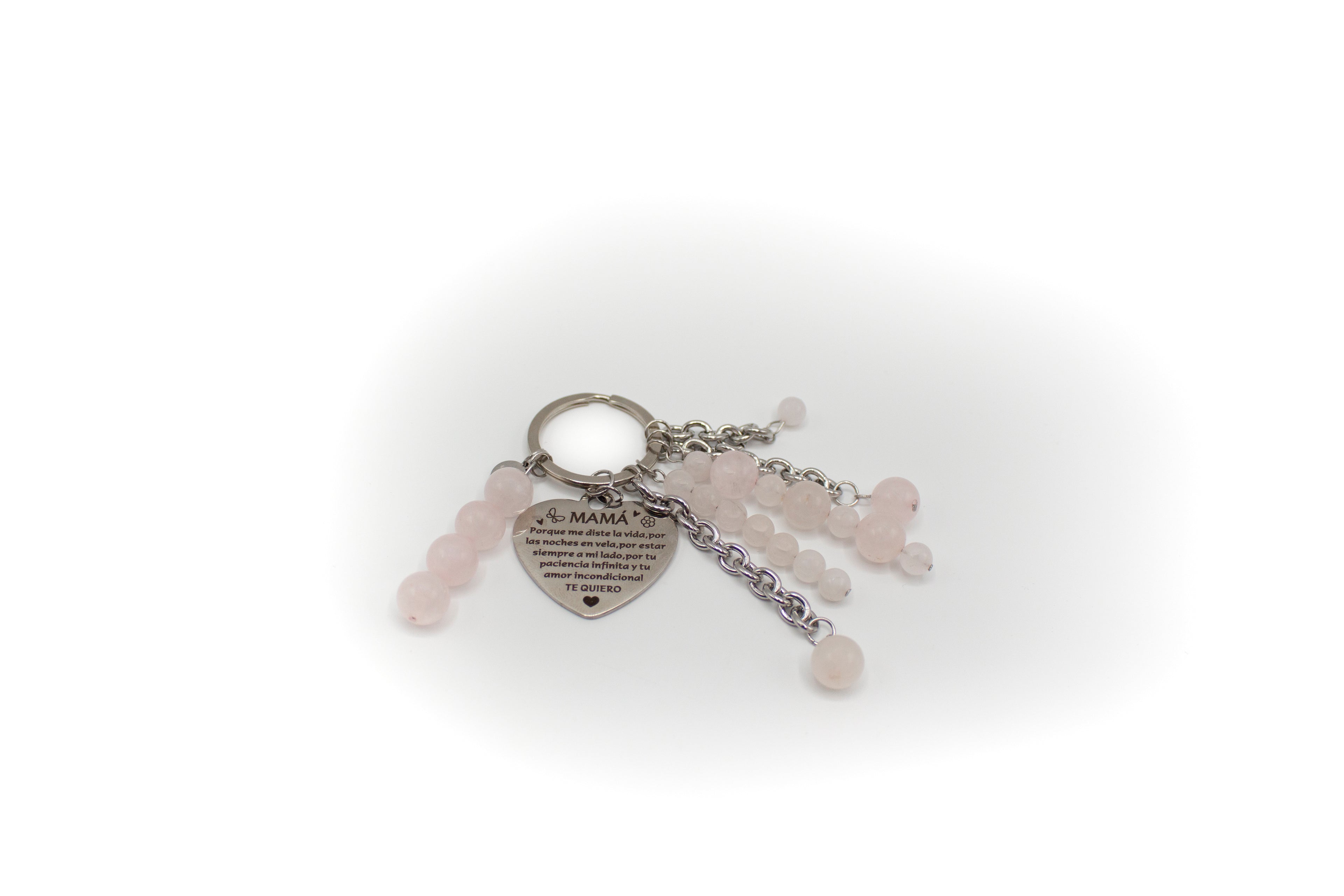llavero de acero inoxidable color plata con piedra natural cuarzo rosa