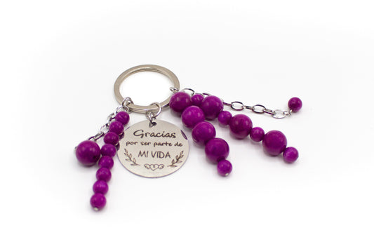 llavero de acero inoxidable color plata con piedra natural jaspe púrpura