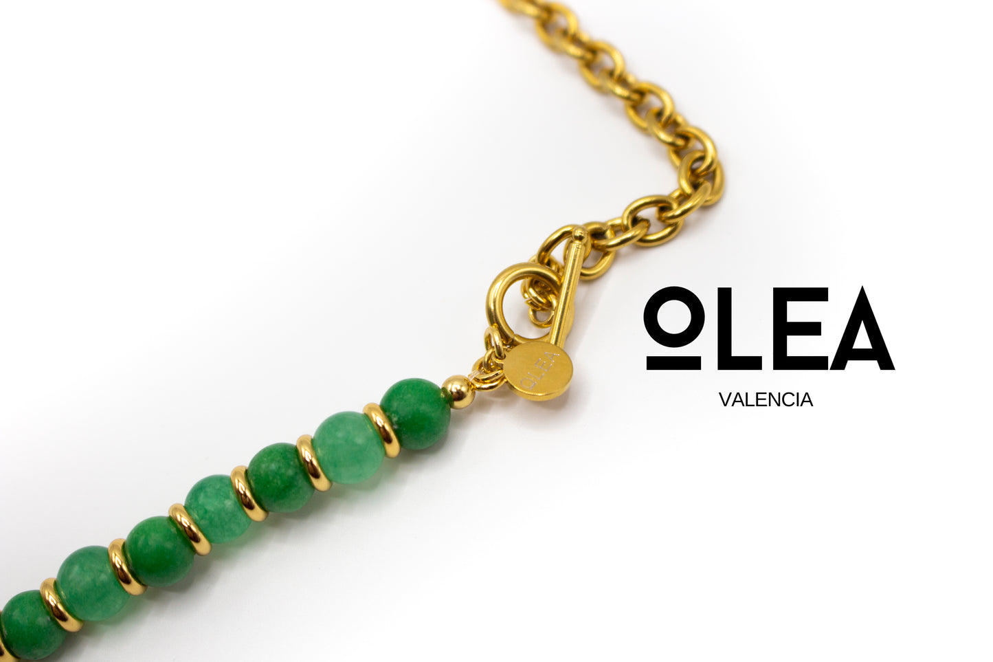 Collar piedra natural jade con separadores y mitad cadena Acero color oro
