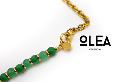Collar piedra natural jade con separadores y mitad cadena Acero color oro