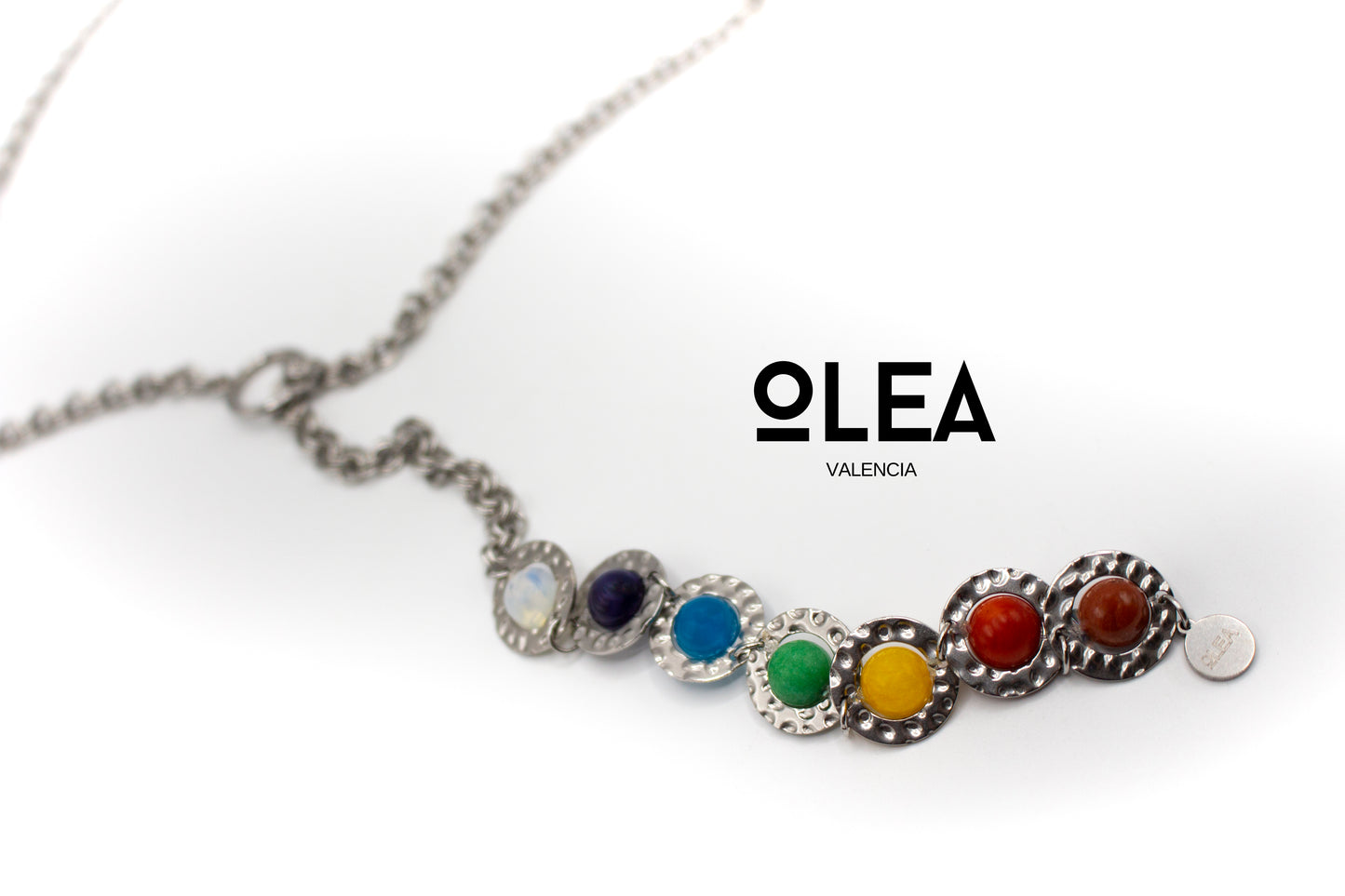 collar de los 7 chakras acero inoxidable color plata y piedras naturales (estilo largo)